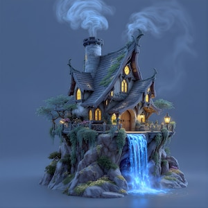 Cliffside Waterfall House 3D Model STL | Glowing River Elven Fantasy Terrain (Digital Download)