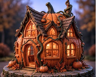May include: A decorative pumpkin-shaped house sculpture featuring a textured orange exterior, dark brown shingled roof sections, and arched windows with warm interior lighting. Green vines wrap around the structure, set on a stone base.