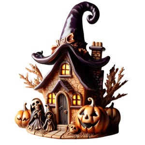May include: A decorative Halloween house ornament featuring a witch's hat roof, lit windows, and a chimney. The house is adorned with pumpkins, a skeleton, and a small witch figure. The color scheme includes orange, brown, and purple.