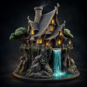 May include: A detailed miniature fantasy house with a waterfall. The house is made of wood and stone, with a chimney and multiple windows. The waterfall cascades into a small pool. The house is surrounded by trees and greenery.
