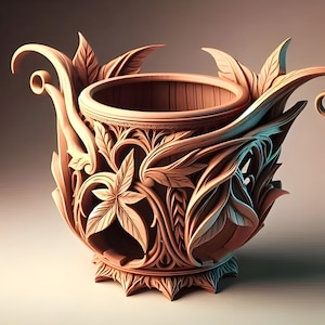 May include: A detailed, hand-carved wooden bowl with intricate floral and leaf designs. The bowl features a round opening and is supported by a decorative base. The wood has a warm, natural tone, and the carving is highly detailed.