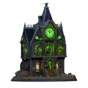Può includere: Una casa decorativa dettagliata in stile gotico con un quadrante e ingranaggi visibili, illuminata con luce verde. La casa è principalmente nera con accenti verdi, con un pipistrello in cima e una base in pietra. L'orologio segna l'ora.