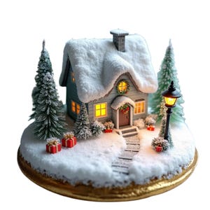 以下が含まれることがあります： 雪に覆われた家、ドアのリース、光る窓を備えたミニチュアのクリスマスビレッジシーン。 ミニチュアのクリスマスツリー、街灯、赤いギフトボックスが、雪のベースに配置されています。