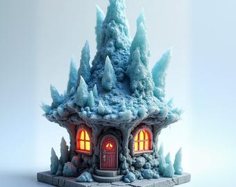 Könnte beinhalten: Ein Miniatur-Fantasy-Haus mit blau-weißem eisigem Äußeren. Das Haus hat ein strukturiertes, schneegleiches Aussehen mit spitzen, eisartigen Strukturen auf dem Dach. Die Fenster und die Tür leuchten mit warmem orangefarbenem Licht, auf einem grauen Steinsockel.