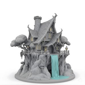 Puede incluir: Modelo de casa de fantasía gris con una cascada que cae en una piscina. La casa presenta un techo detallado, una chimenea y un balcón con plantas colgantes. El modelo está sobre una base rocosa con árboles estilizados.