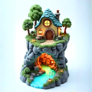 Puede incluir: Una caprichosa casa de hadas en miniatura con un tejado de tejas azules, una chimenea de piedra y una puerta de madera. La casa está situada en un acantilado rocoso con un pequeño arroyo y árboles en miniatura. Las linternas iluminan la escena.