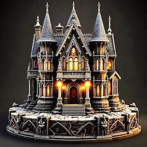 Può includere: Un castello in miniatura dettagliato con più torrette, finestre ad arco e una base in pietra. Il castello è principalmente grigio scuro con accenti di pietra più chiari e calda illuminazione interna. Elementi decorativi includono figure scolpite e viti stilizzate.