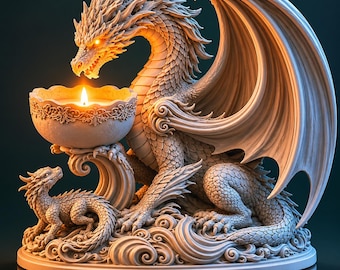 Può includere: Una scultura dettagliata di un drago che tiene un portacandele con una candela accesa. Il drago è beige con grandi ali e un drago più piccolo ai suoi piedi. Il portacandele è rotondo con un bordo decorativo. Lo sfondo è scuro.
