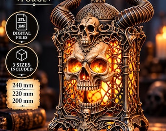 May include: A decorative lantern featuring a central skull, two large curved horns, and intricate metalwork. The structure glows with an internal orange light. Text includes Noctivelle Forge, STL 3MF Digital Files, 3 Sizes Included, 240 mm, 220 mm, 200 mm.