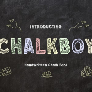 May include: A chalkboard-style graphic with the text "INTRODUCING CHALKBOY" in colorful, textured letters. Below, it reads "Handwritten Chalk Font." The background is black with chalk-drawn illustrations.