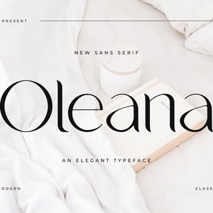 Pode incluir: Um fundo branco com uma fonte sans serif preta que lê "Oleanna" com o texto "New Sans Serif" acima e "An Elegant Typeface" abaixo. As palavras "Modern" e "Classy" estão na parte inferior da imagem.