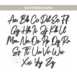 May include: A complete alphabet in a black, cursive font is displayed on a white background. The letters are arranged in rows, showcasing uppercase and lowercase letters. The image includes the text "Schrift&uuml;bersicht" at the top.