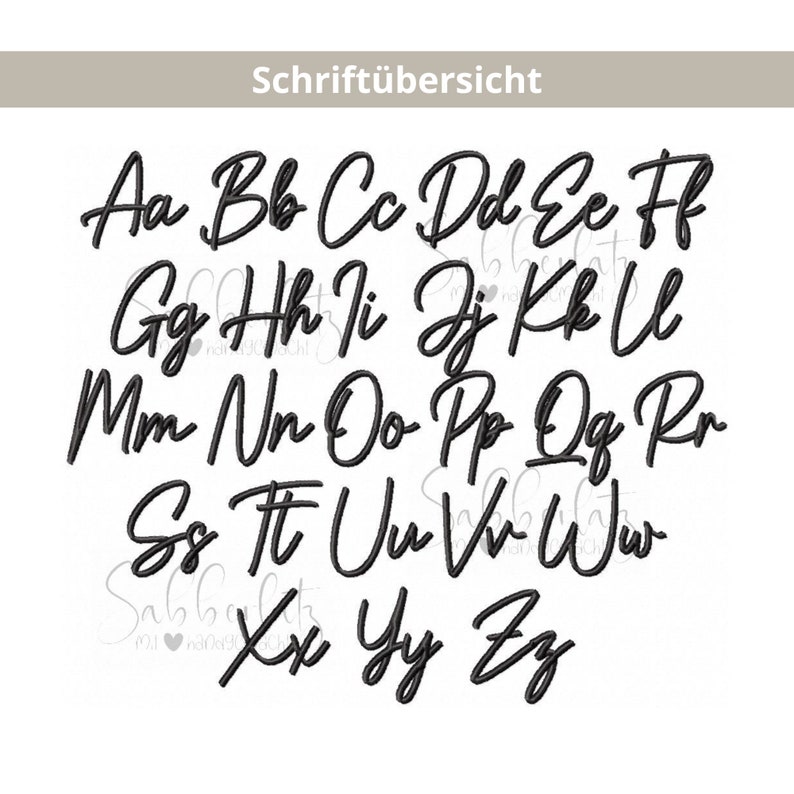May include: A complete alphabet in a black, cursive font is displayed on a white background. The letters are arranged in rows, showcasing uppercase and lowercase letters. The image includes the text "Schrift&uuml;bersicht" at the top.