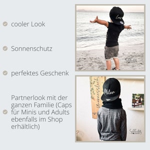 May include: Black baseball caps with white lettering, one reading "Luis" and the other "Milan." The caps are worn by children on a beach. The image also includes text in German: "cooler Look," "Sonnenschutz," and "perfektes Geschenk."