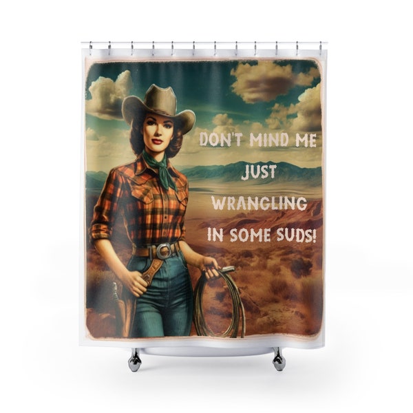Vintage 1940s Rodeo Cowgirl Shower Curtain Western Style, Rustic Decor, Customizable Polyester Bathroom Curtain, Midwest Home