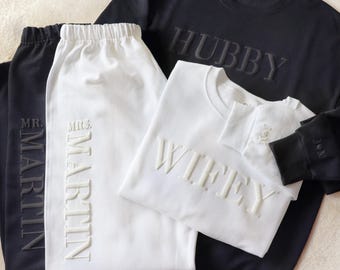 Personalized Wifey & Hubby Puff Hoodie Set, Sweatshirt and Pants, Personalized Couple Sweatshirt, Wedding Gift, Gift for Her, Gift for Him