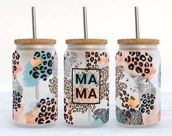 LEOPARD MAMA • 16oz glass can png design for sublimation, digital download