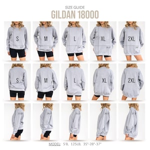 May include: Size guide for Gildan 18000 sweatshirts. The image shows a model wearing different sizes of grey sweatshirts, from S to 2XL, with measurements in inches. The model is 5'8", weighs 56.7 kg, and has measurements of 88.9cm-71.1cm-94cm.