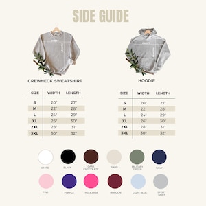 May include: A side guide image showing a crewneck sweatshirt and a hoodie with size, width, and length measurements in inches. The image also displays a colour chart with options like white, black, pink, purple, and more.