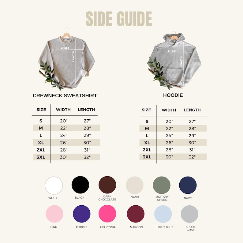 May include: A side guide image showing a crewneck sweatshirt and a hoodie with size, width, and length measurements in inches. The image also displays a colour chart with options like white, black, pink, purple, and more.