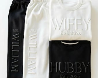 Personalized Wifey and Hubby Sweatshirt and Pants Set, Wedding Gift