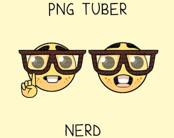 May include: A yellow cartoon face with brown glasses and a surprised expression. The text "PNG TUBER" is above the face and the text "NERD" is below the face.