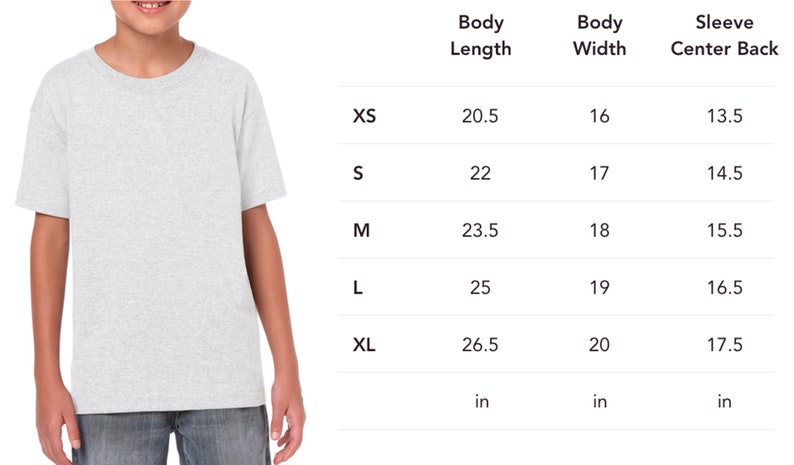 May include: A light gray t-shirt with a crew neck, worn by a child. The image includes a size chart with measurements in inches for body length, width, and sleeve center back for sizes XS to XL.