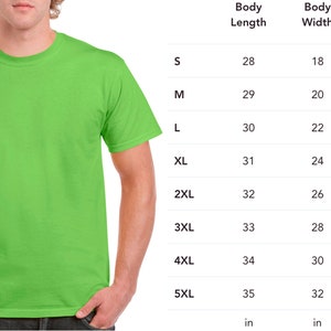 May include: A person wearing a lime green t-shirt. The image includes a size chart with measurements in inches for body length, body width, and sleeve center back for sizes S through 5XL.