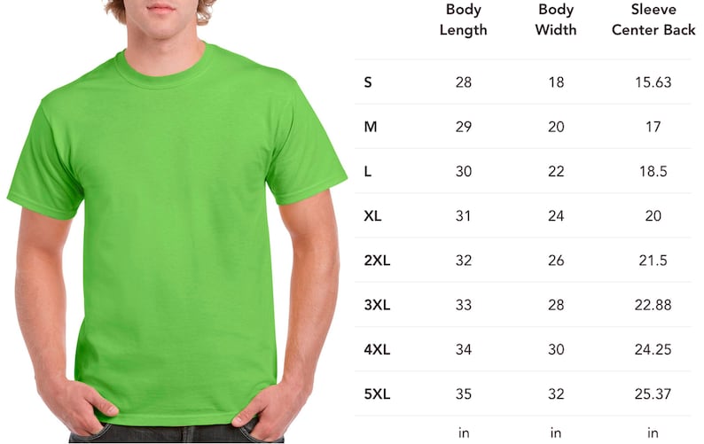 May include: A person wearing a lime green t-shirt. The image includes a size chart with measurements in inches for body length, body width, and sleeve center back for sizes S through 5XL.