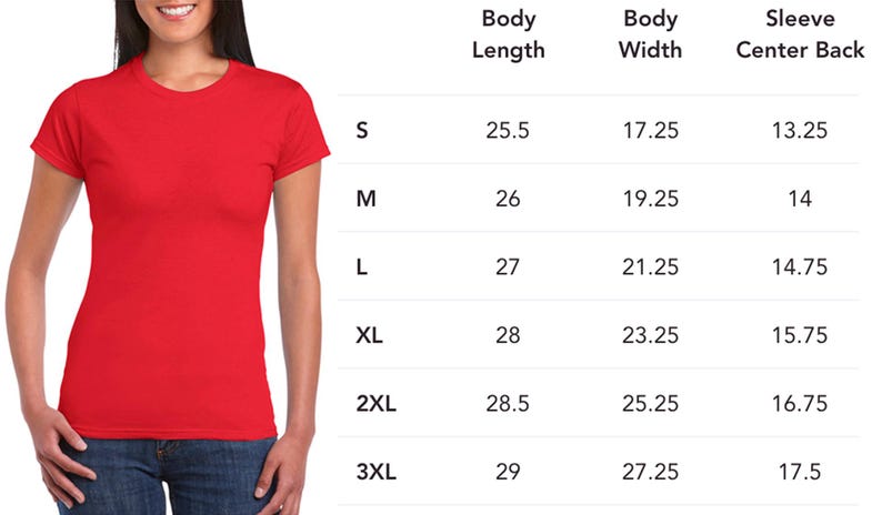 May include: A red t-shirt is modeled by a person, with a size chart displayed to the right. The chart lists body length, width, and sleeve center back measurements in inches for sizes S through 3XL.