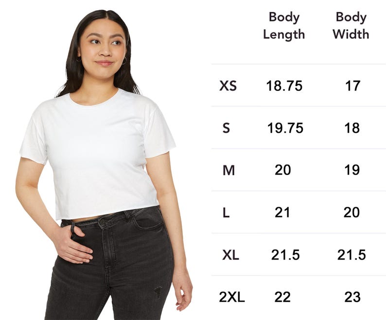 May include: A white, short-sleeved crop top. The image includes a size chart with body length and width measurements in inches for sizes XS to 2XL. The model is wearing the crop top and black jeans.
