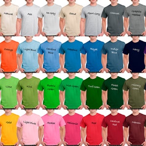 May include: A collection of t-shirts in various colors, including white, grey, blue, green, and red. Each shirt has a different color name printed on it. The shirts are displayed on a person.
