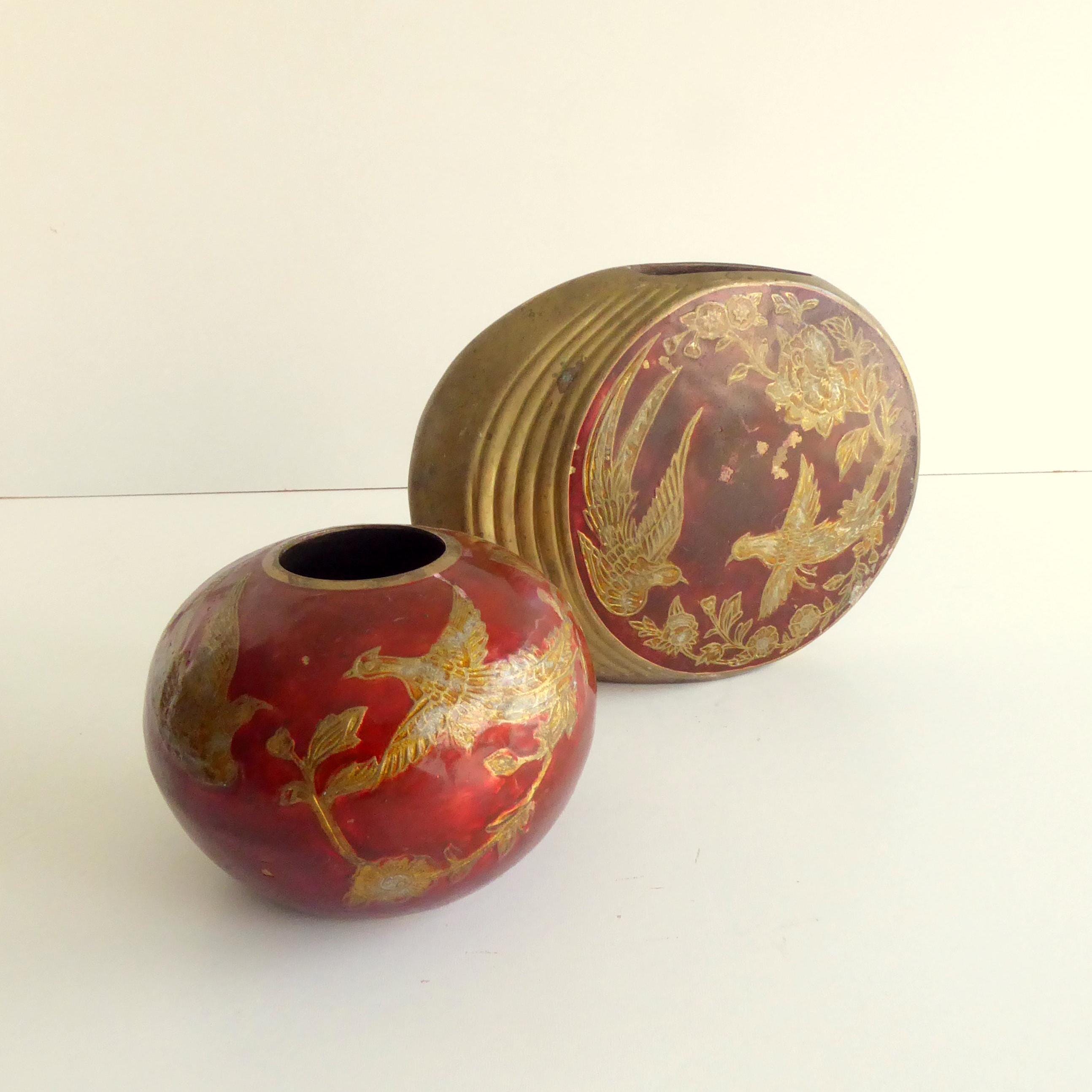 中国　七宝焼　真鍮製　花瓶 ヴィンテージ真鍮花瓶、50年代の中国製真鍮花瓶、七宝焼き花瓶 - Etsy 日本