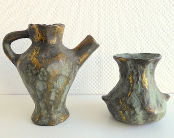 Brutalist design brass vases, vintage art objects 70s, Mid Century Modern, brutalist German brass vases