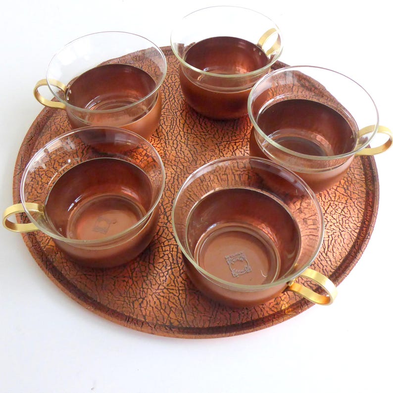 MCM Tea Glasses Set With Tray 1970s, Copper, Schott Glass, Tea Glasses