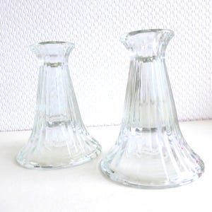 PAIR OF GLASS CANDLEHOLDERS WITH RIBBONS/ TWO GLASS CANDLEHOLDERS/ CANDLESTICKS FINANCIAL 70s/ MID MODERN HOME DECOR