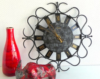 Brutalist wall clock, german vintage interior, vintage wrought iron wall clock