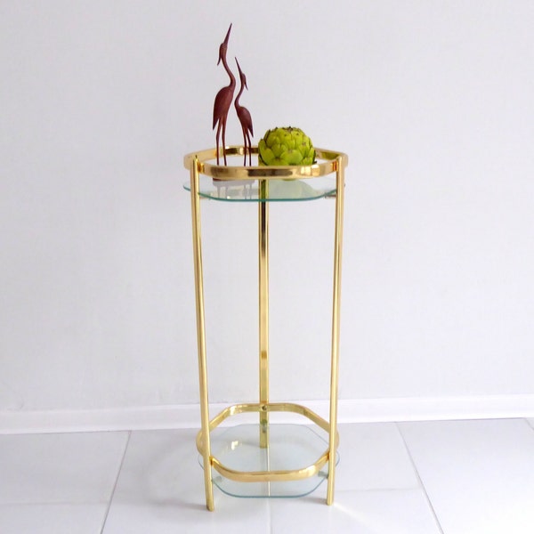 Mid Century Brass Glass Side Table, Hollywood Regency Flower Stool, Vintage Side Table, Vintage Flower Stool, Retro Bedside Table