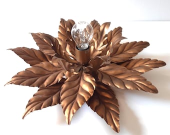 Vintage FLORENTINE Brass Wall Lamp/ Hollywood Regency Light Fixture/ Floral Flush Mount Ceiling Lamp/ Sunburst Sconce Mid Century 70s