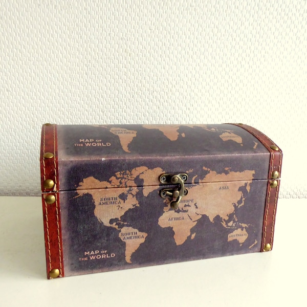 Vintage storage box, treasure chest vintage style, box world maps motif, travel memory box