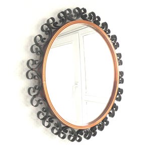 Round Black WALL MIRROR/ Handcrafted Wrought Iron Mirror Germany 70s