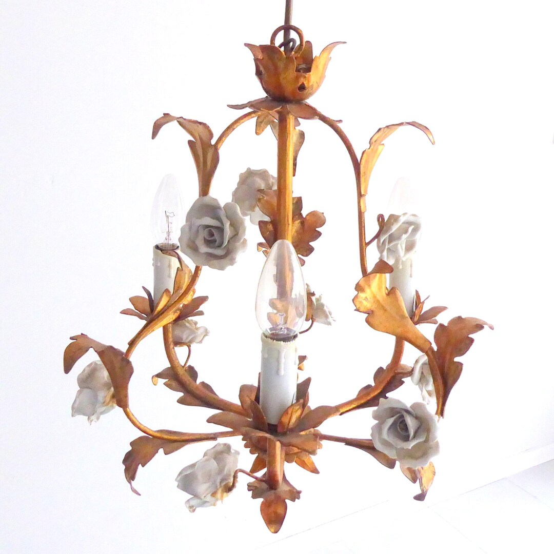 White Roses Chandelier Floral Brass Cieling Light Tole Lamp With ...