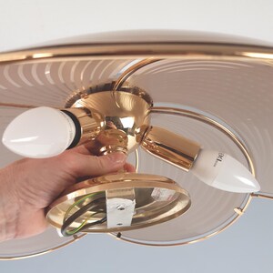 May include: A gold-toned ceiling light fixture with two white light bulbs. The fixture has a decorative, circular design with a frosted glass shade. The light is being held by a person.