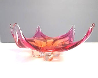 RARE MURANO Glass Bowl Pink/ Mouth-Blown Friut Bowl/ Centerpiece 70s