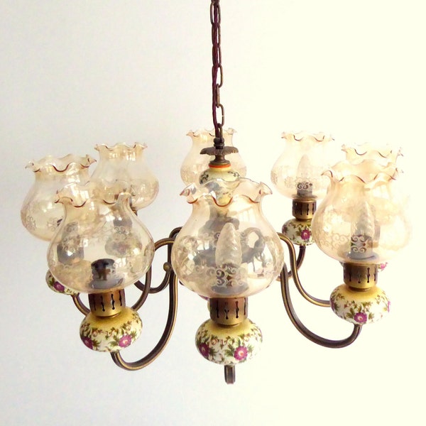 Lampe en laiton décor rose, lustre 8 ampoules, plafonnier avec abat-jour en verre, lampe de ferme, lampe suspendue, intérieur vintage allemand