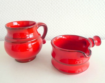 Set zucchero latte in ceramica rossa, stoviglie retrò, anni '70, stoviglie in ceramica Jasba rosso