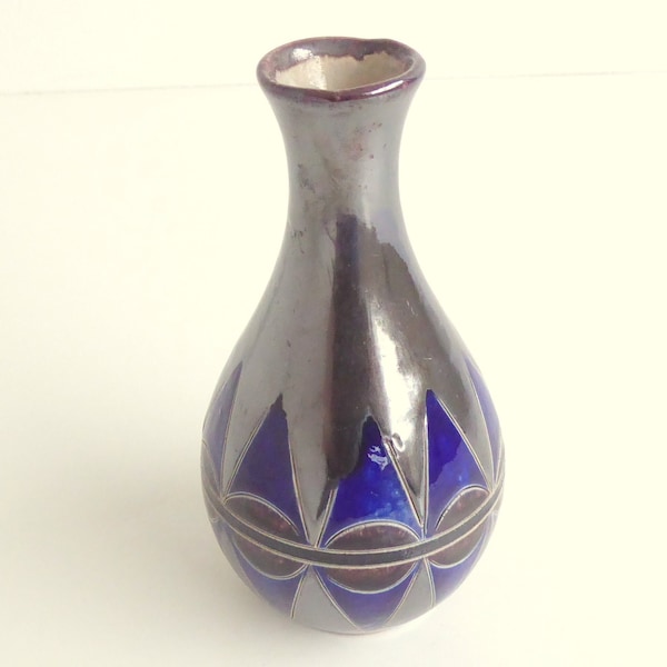 Vintage Salzglasur Vase, Keramikvase mit blauem Muster, 70er Jahre home decor