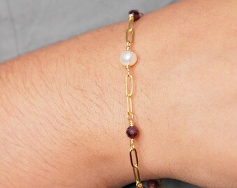 Pulseira com Corrente de Clipe e Pedra Semipreciosa: Joia com Pedra de Nascimento | Ajustável de 17 cm a 20 cm | Presente para o Dia das Mães, Formatura e Aniversário |