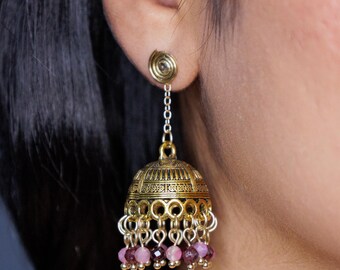 Brincos Jhumki personalizados em latão maciço, estilo sul-asiático, com pedras semipreciosas | Presente para o Dia das Mães, formatura ou aniversário |