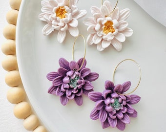 Large flower hoops| white and purple floral earrings | handmade polymer clay earrings | lightweight | bridesmaids | large hoops | durable